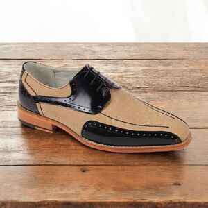GIOVANNI MEN'S "SIMON" BLACK/TAN LEATHER AND CANVAS DRESS SHOE. SIMON